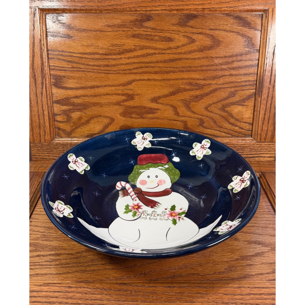 The Cellar Christmas Twilight Snowman Serving Bowl Laurie Gates 13 inch Blue